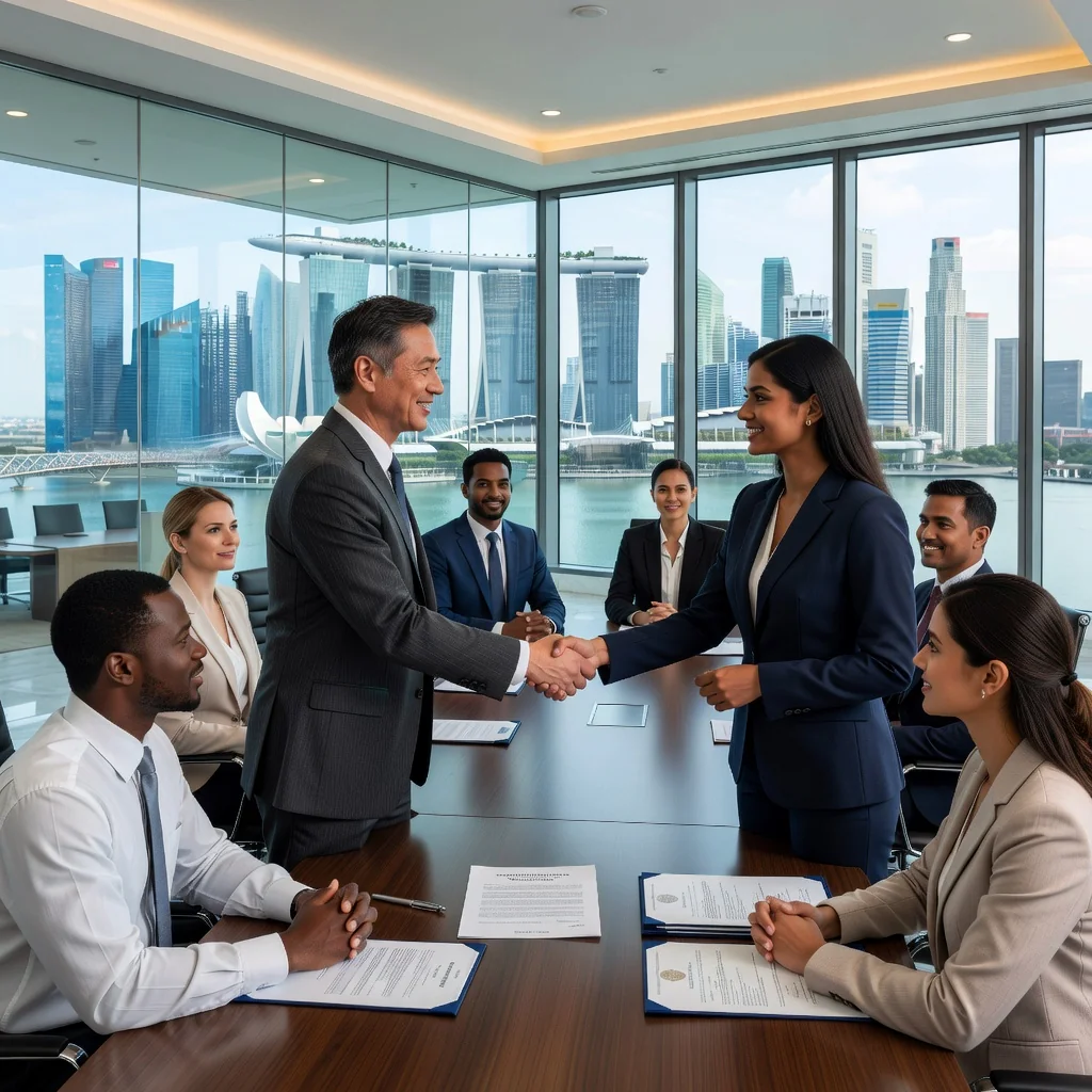 A professional business meeting in a modern Singapore office, with diverse adults shaking hands over a table, symbolizing trademark assignment agreement, overlooking the Singapore skyline.