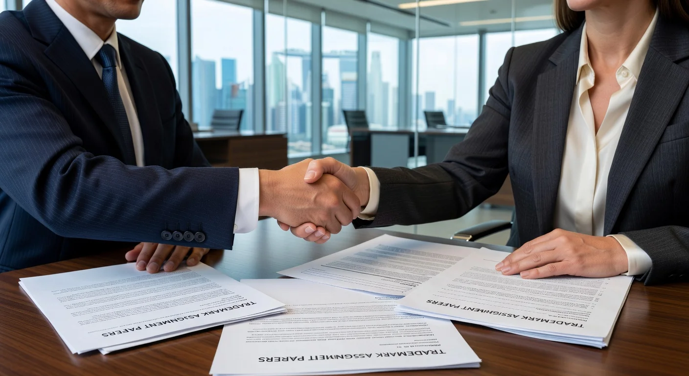 Business professionals signing trademark documents