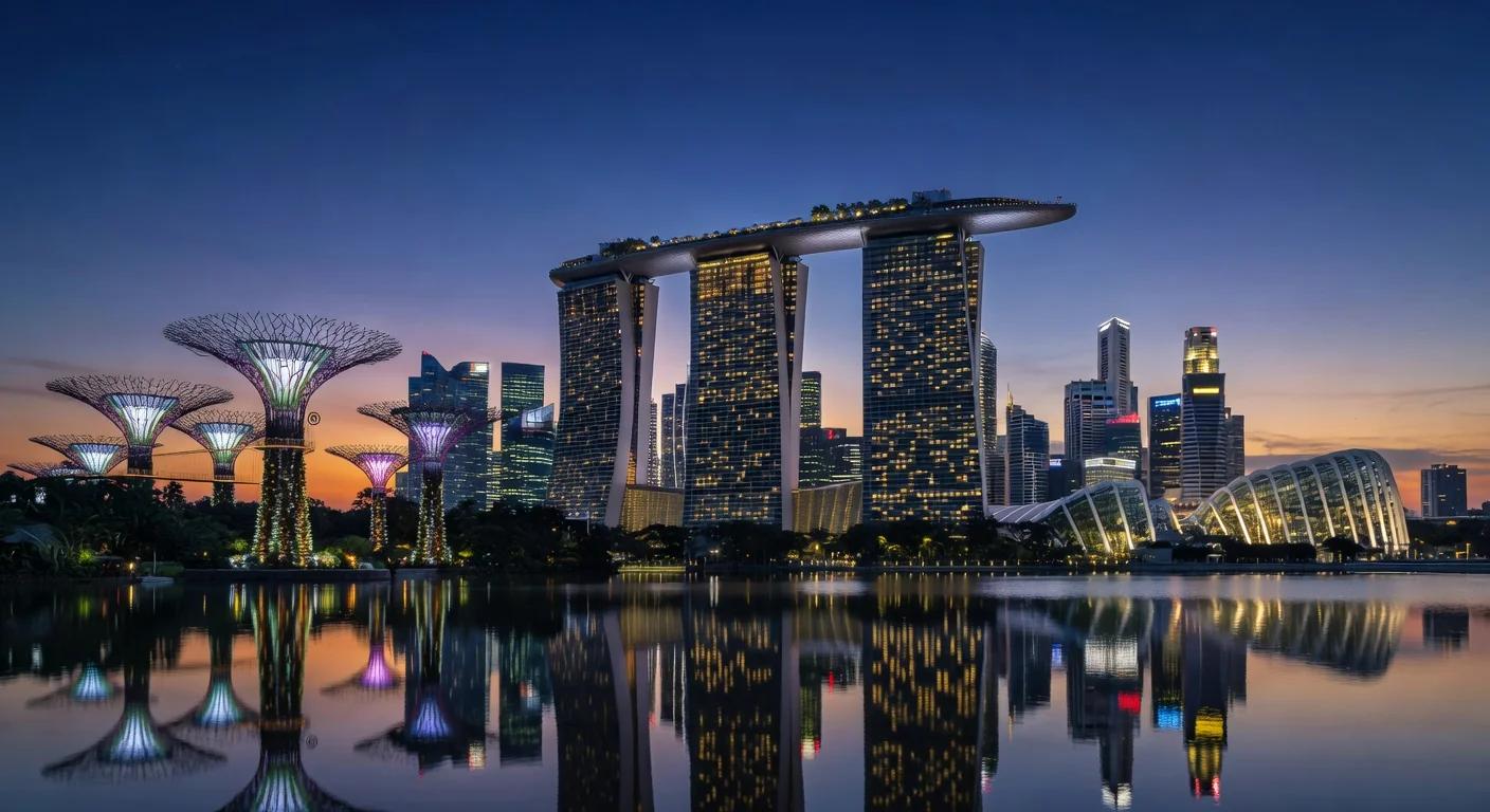 Singapore skyline with trademark symbols