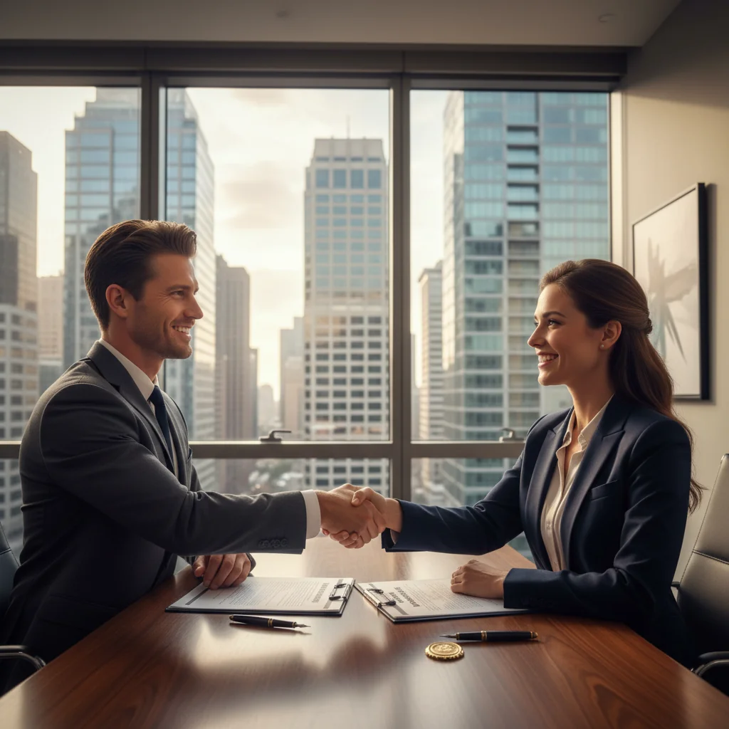 A photorealistic image depicting a professional business handshake between two adults in a modern office setting, symbolizing the transfer of intellectual property rights through a trademark assignment agreement. The focus is on collaboration and agreement in a corporate environment, with no legal documents visible. No children are present.