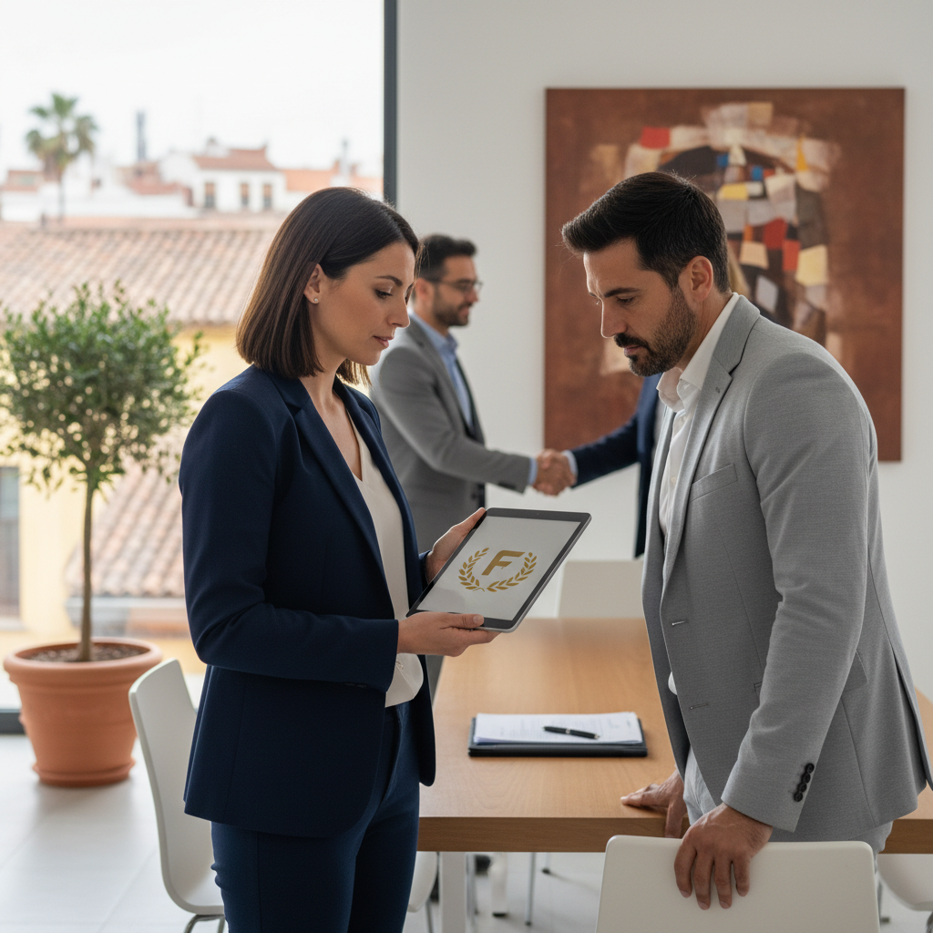 A photorealistic image representing the legal transfer of a brand in Spain, showing a professional business meeting between two adults in a modern office, with one handing over a symbolic brand logo on a tablet to the other, conveying agreement and partnership, no children present.