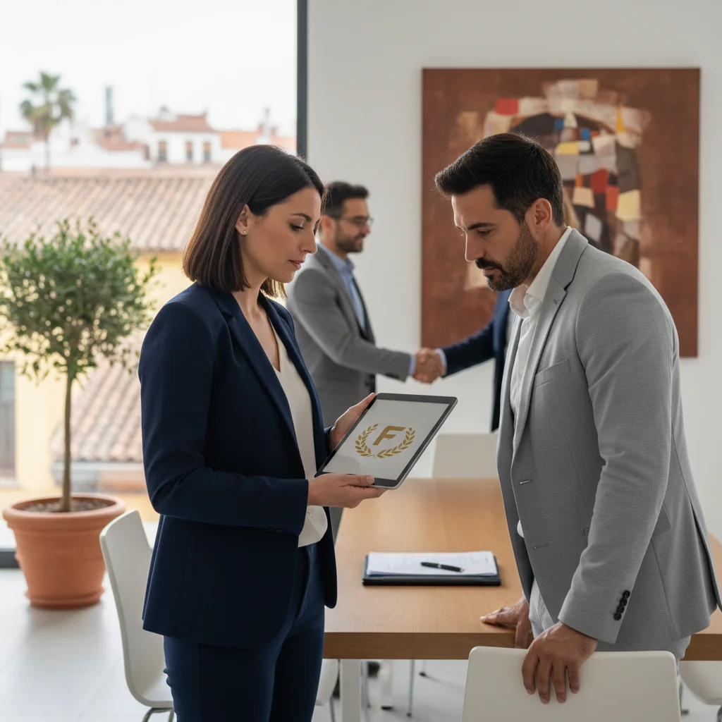 A photorealistic image representing the legal transfer of a brand in Spain, showing a professional business meeting between two adults in a modern office, with one handing over a symbolic brand logo on a tablet to the other, conveying agreement and partnership, no children present.