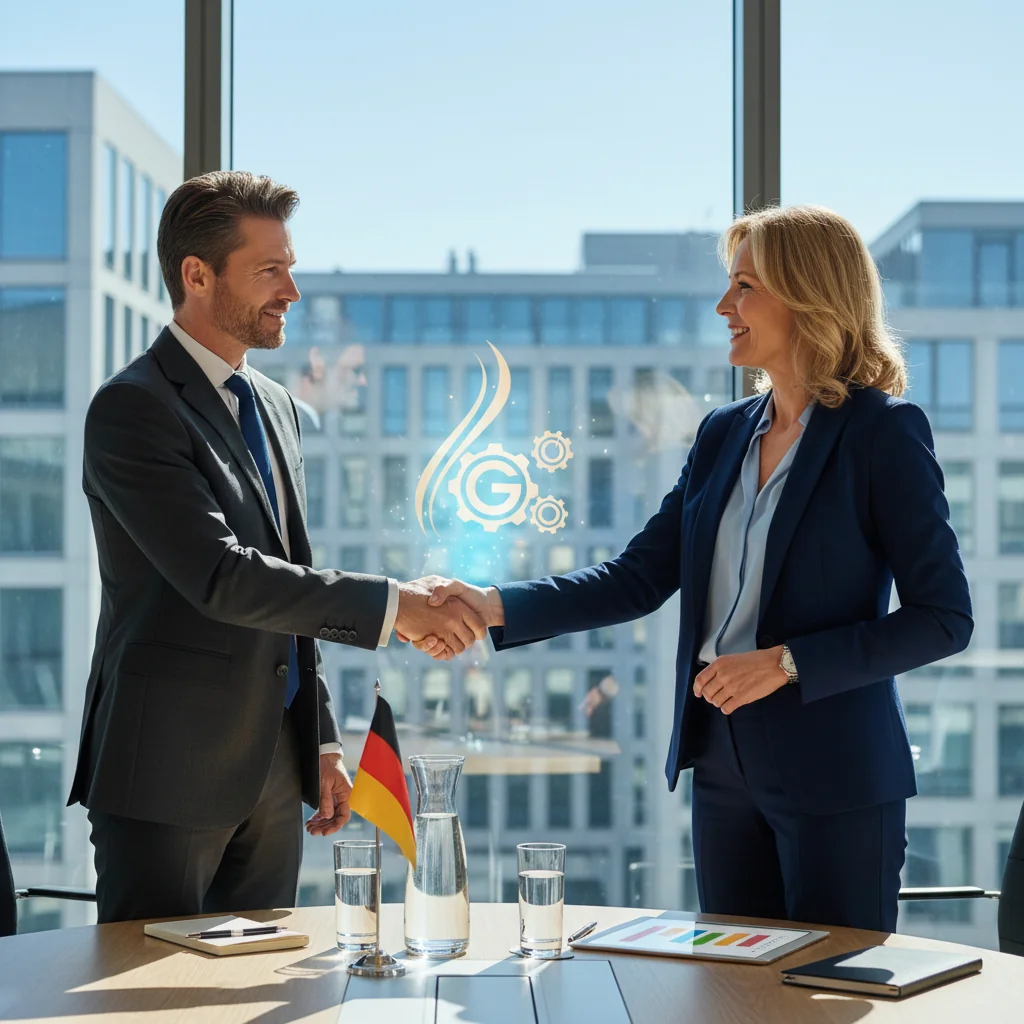 A photorealistic image depicting the transfer of a business brand in Germany, showing two adult professionals in a modern office shaking hands over a symbolic brand logo on a table, with German flags and business documents in the background, conveying partnership and legal transition.