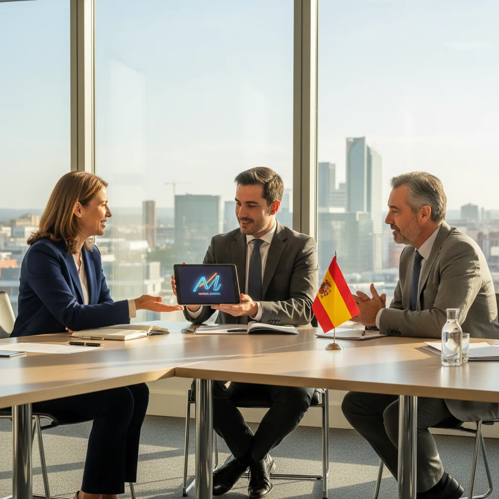 A professional business meeting in a modern Spanish office, where a diverse group of adults is discussing and shaking hands over a brand logo transfer agreement, symbolizing the legal process of trademark assignment in Spain, with Spanish cultural elements like a flag or map in the background.