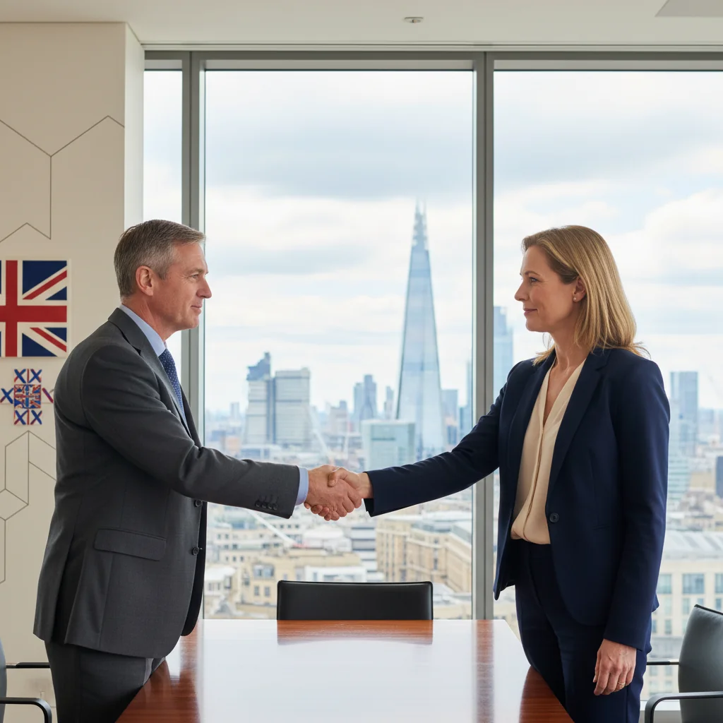 A photorealistic image of two professional adults in a modern UK office, shaking hands over a conference table with subtle UK flag elements in the background, symbolizing the transfer of business ownership or intellectual property rights through trademark assignment. The scene conveys trust, partnership, and legal agreement without showing any documents.