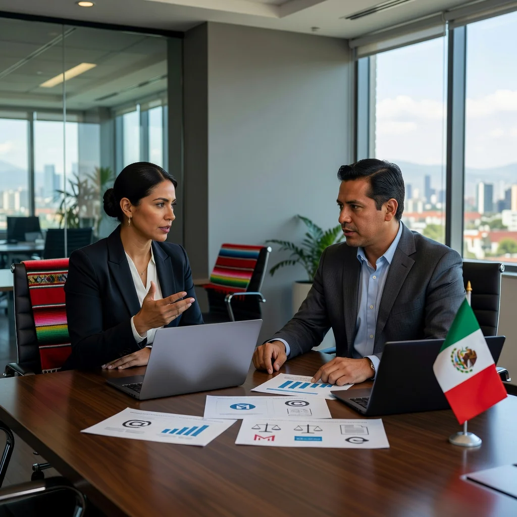 A photorealistic image representing the benefits and common mistakes in Mexican trademark assignment, showing a professional business meeting in a modern Mexican office where adults are discussing brand strategy and legal aspects of trademark transfer, with subtle Mexican cultural elements like a flag or map in the background, no children present.