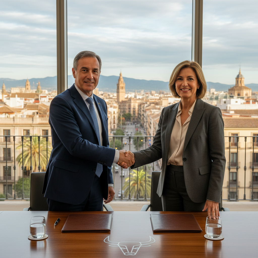 A photorealistic image of two professional business adults shaking hands in a modern Spanish office setting, symbolizing the transfer and agreement of a brand ownership, with subtle Spanish elements like a flag or architecture in the background, conveying trust and business partnership.