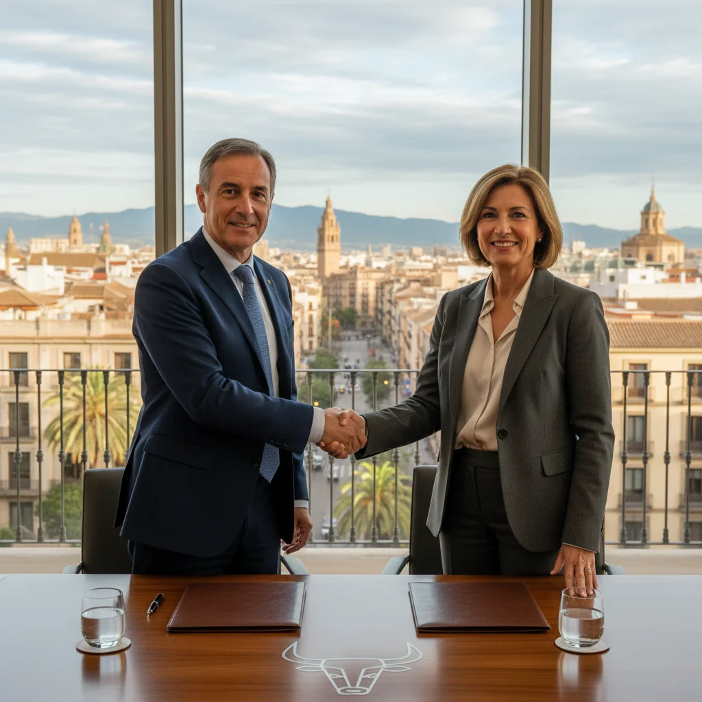 A photorealistic image of two professional business adults shaking hands in a modern Spanish office setting, symbolizing the transfer and agreement of a brand ownership, with subtle Spanish elements like a flag or architecture in the background, conveying trust and business partnership.