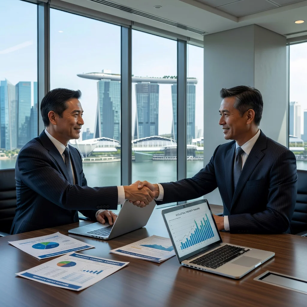 A photorealistic image of a confident Asian business professional in a modern Singapore office, shaking hands with a partner over a deal, symbolizing the transfer and growth of business assets through trademark assignment, with subtle Singapore skyline in the background, no children present.