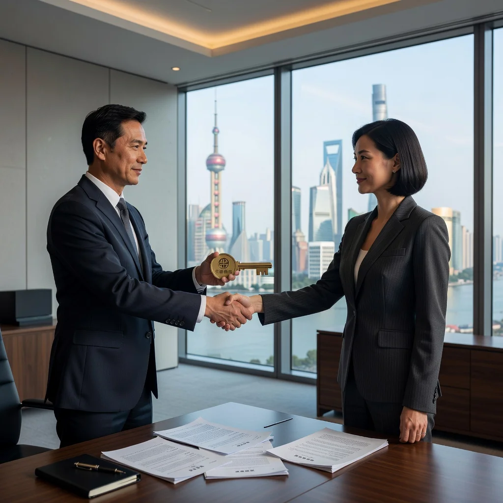 A photorealistic image depicting a professional business handshake between two adults in a modern office setting, symbolizing the successful transfer of a trademark in China. The scene includes subtle Chinese cultural elements like a city skyline view through the window, emphasizing agreement and partnership in intellectual property dealings. No children are present. The image must be entirely photorealistic, with no graphics, drawings, or illustrations.