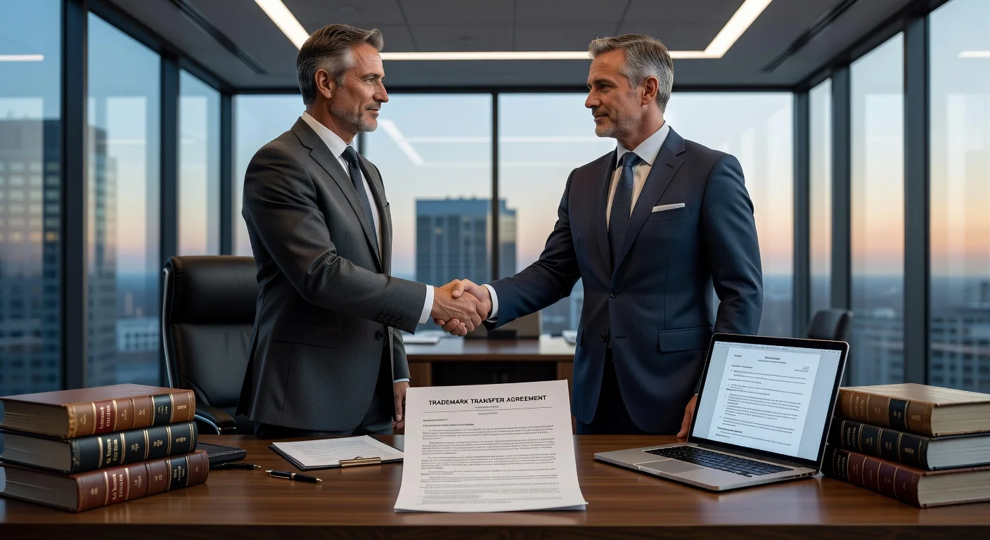 Businessmen shaking hands over trademark document