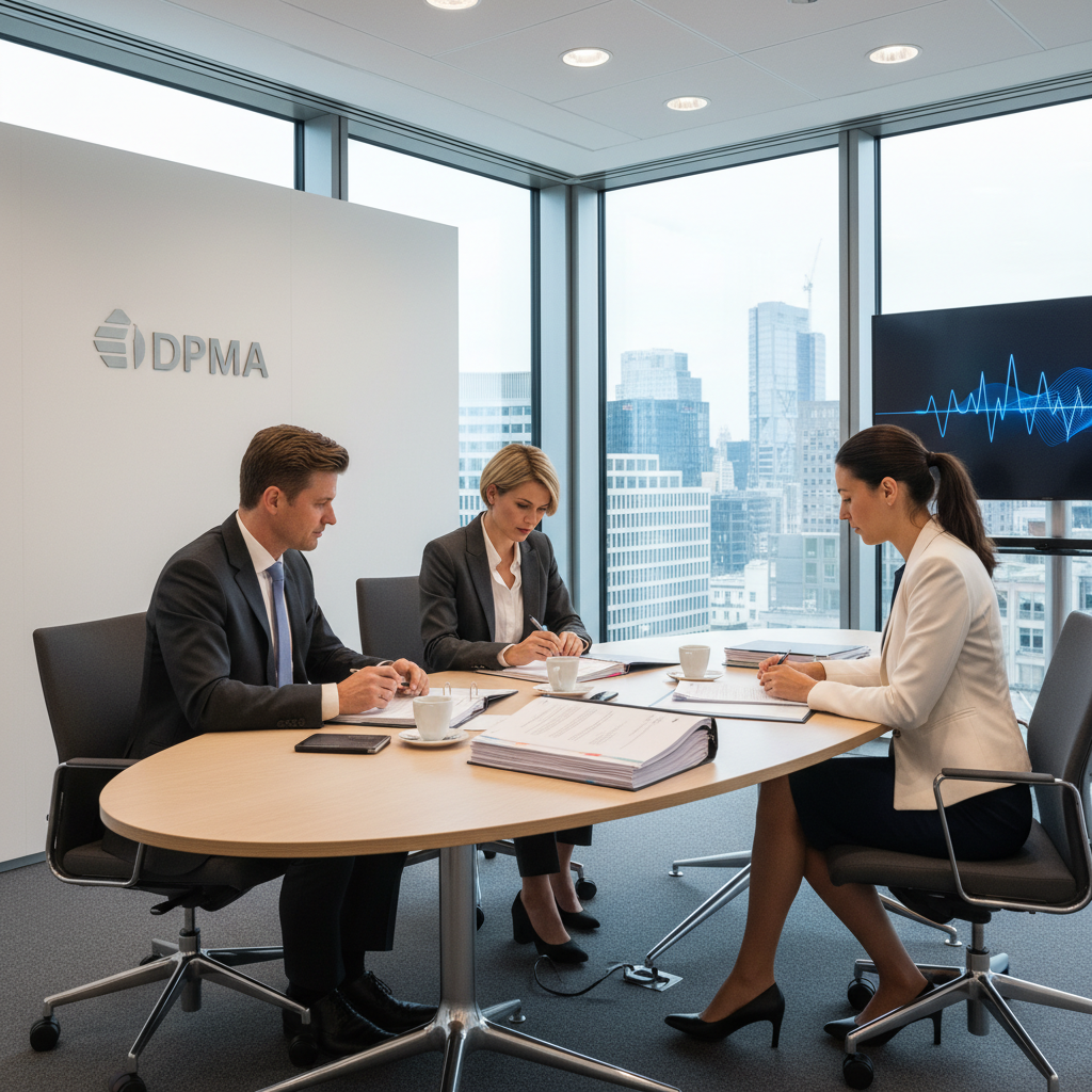 A professional scene in a modern German patent office, showing a diverse group of adult business professionals in suits discussing trademark transfer documents around a conference table, with subtle German Patent and Trade Mark Office (DPMA) branding in the background, evoking innovation and legal expertise.