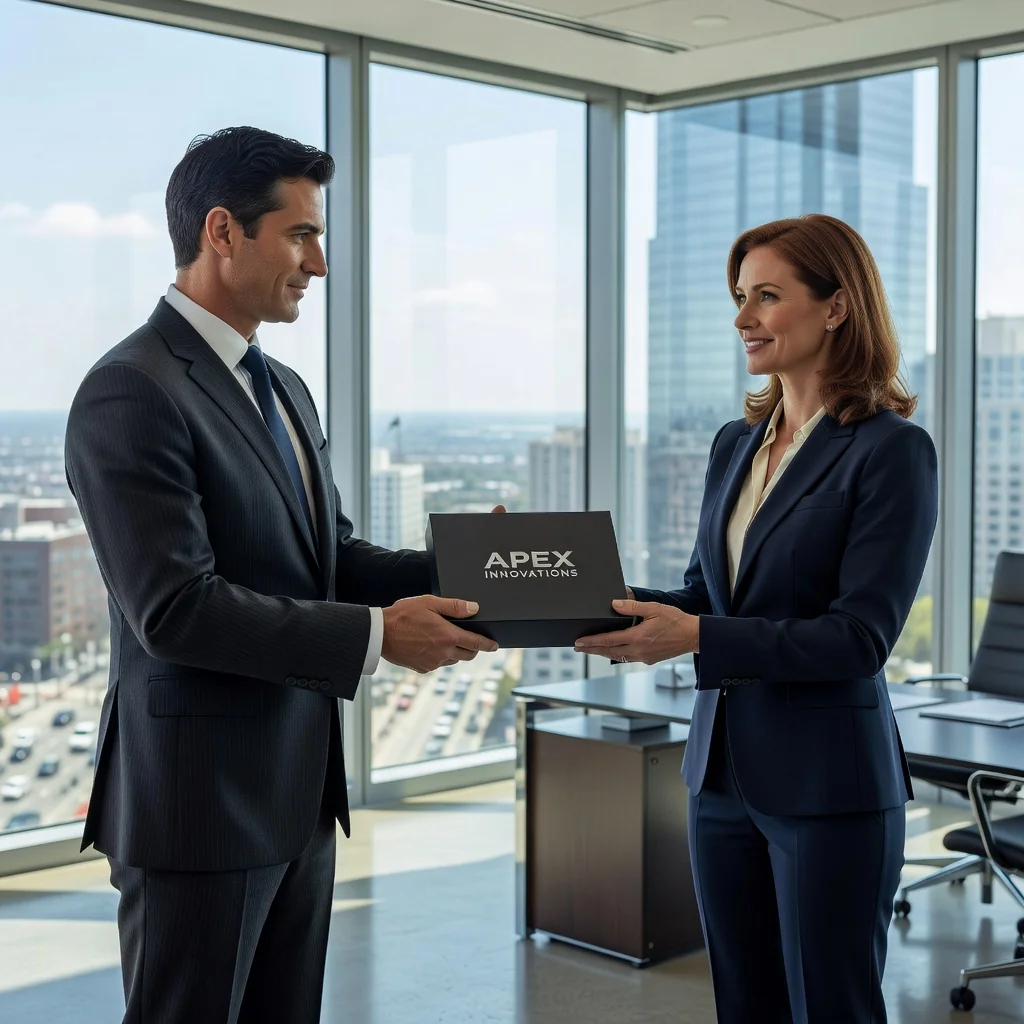 A photorealistic image depicting the professional transfer of a trademark, showing two adult business professionals in a modern office shaking hands over a subtle branded product on the table, symbolizing the handover and continuation of a brand's legacy, with no legal documents visible.