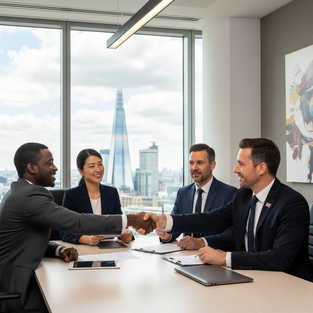 A photorealistic image of a professional business meeting in a modern UK office, where a diverse group of adults are discussing and shaking hands over a trademark assignment agreement, symbolizing the legal transfer of intellectual property rights in the United Kingdom, with subtle British elements like a Union Jack flag in the background, no children present.