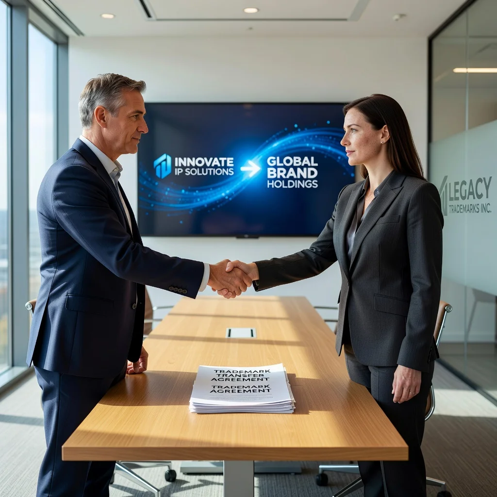 A professional business handshake between two adults in a modern office setting, symbolizing the successful transfer of intellectual property rights like a trademark, with elements such as branded logos subtly in the background to represent business ownership change.
