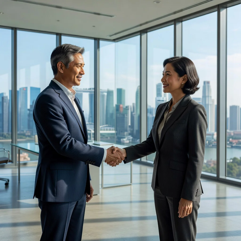 A professional business handshake between two adults in a modern Singapore office, symbolizing the transfer of intellectual property rights through trademark assignment, with subtle Singapore skyline in the background, photorealistic style.