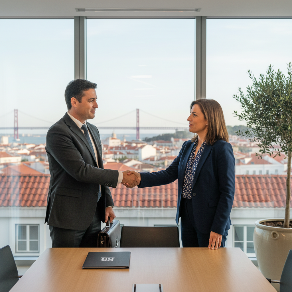 A photorealistic image depicting a professional business handshake between two adults in a modern office setting in Portugal, symbolizing the transfer or assignment of a registered trademark, with subtle Portuguese elements like a flag or Lisbon skyline in the background, no legal documents visible, no children present.