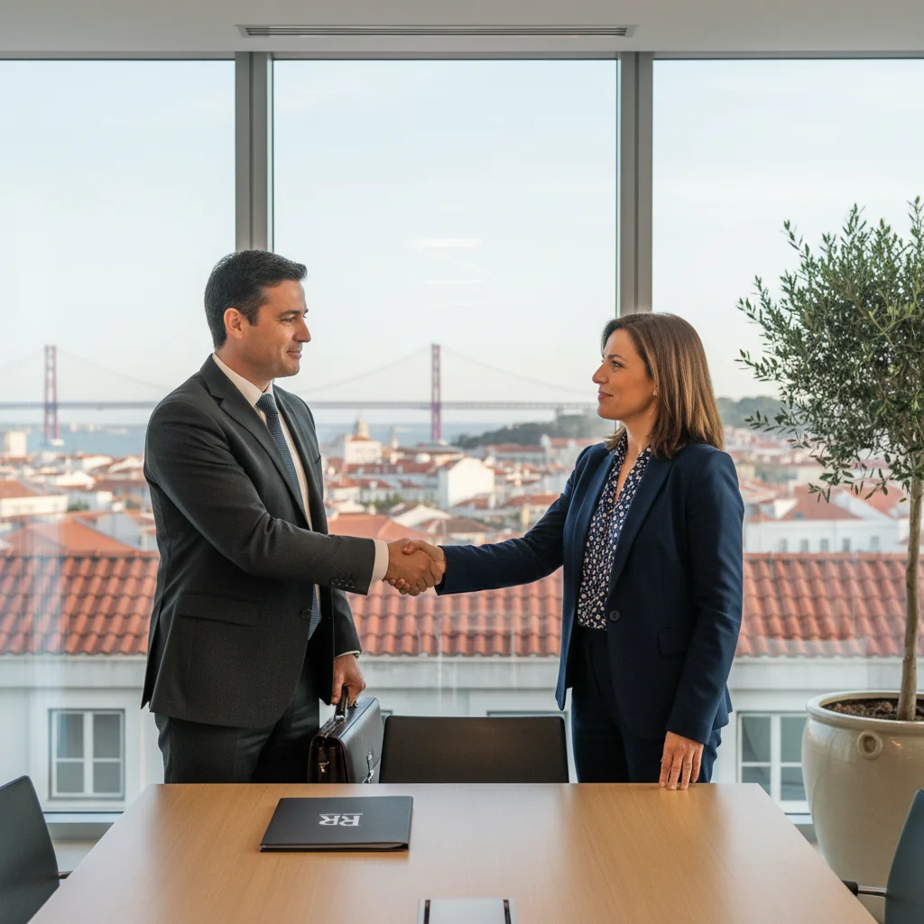 A photorealistic image depicting a professional business handshake between two adults in a modern office setting in Portugal, symbolizing the transfer or assignment of a registered trademark, with subtle Portuguese elements like a flag or Lisbon skyline in the background, no legal documents visible, no children present.