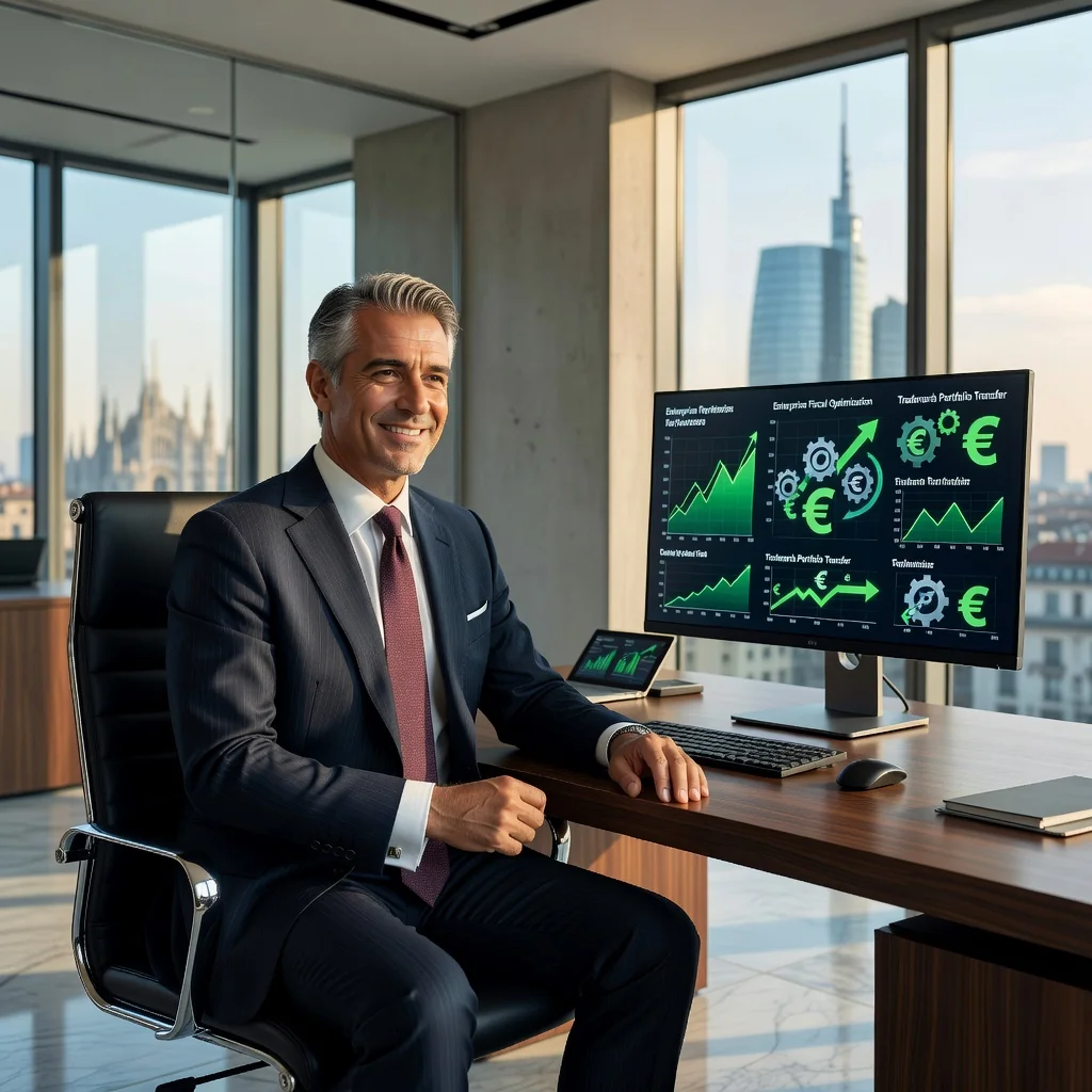 A photorealistic image representing the fiscal benefits of trademark transfer for Italian businesses, showing a professional business executive in a modern Italian office, smiling confidently while reviewing financial charts on a computer screen that display positive growth and tax savings symbols like euros and upward arrows, evoking success and strategic business decisions.