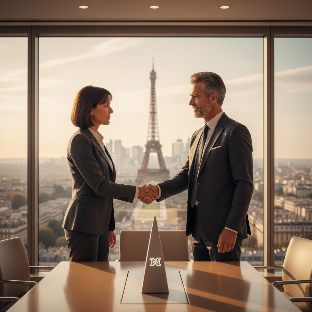 A professional scene in France representing the transfer of a trademark, showing two business professionals in a modern office shaking hands over a table with a branded product like a bottle or logo subtly in the background, evoking partnership and business succession, photorealistic style.