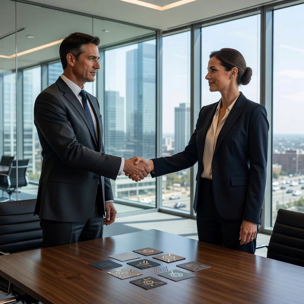A photorealistic image depicting a professional business handshake between two adults in a modern office setting, symbolizing the transfer of a trademark agreement, with subtle branding elements like logos on business cards in the background, conveying trust and legal partnership without showing any documents.
