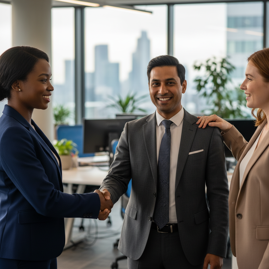 A professional business meeting in a modern UK office where a diverse group of adults is shaking hands over a successful trademark transfer deal, symbolizing the benefits and considerations of trademark assignment.