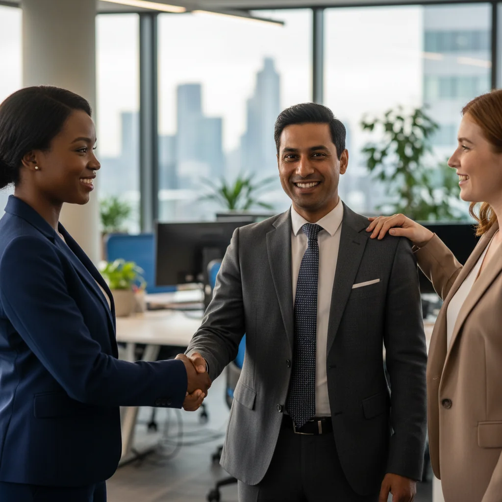 A professional business meeting in a modern UK office where a diverse group of adults is shaking hands over a successful trademark transfer deal, symbolizing the benefits and considerations of trademark assignment.