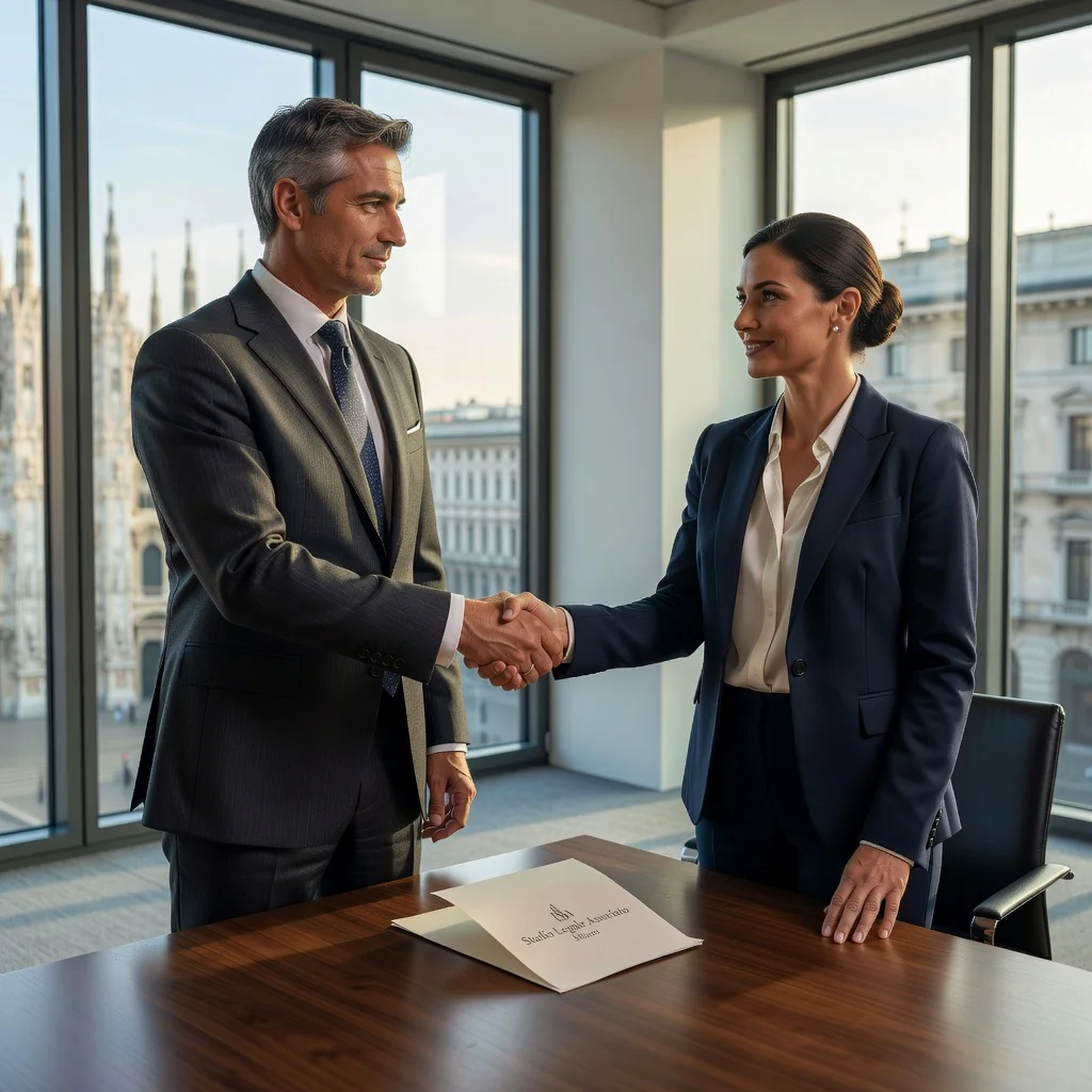 A photorealistic image representing the transfer of a trademark in Italy, showing a professional business meeting in a modern Italian office where two executives are shaking hands over a branding document, with subtle Italian elements like a flag or map in the background, symbolizing a successful business agreement.