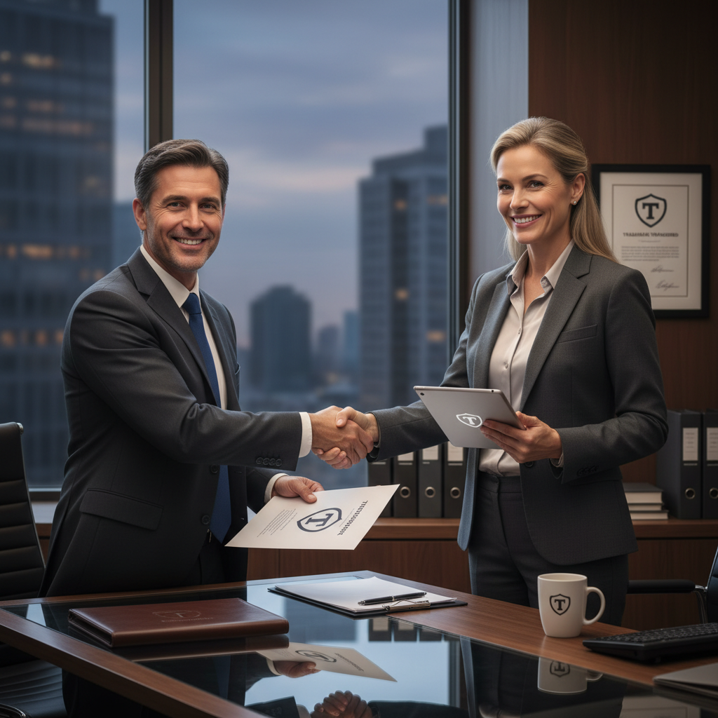 A professional business scene depicting a successful trademark transfer, with a confident adult entrepreneur shaking hands with a business partner in a modern office, symbolizing the agreement and assignment of intellectual property rights, no legal documents visible.