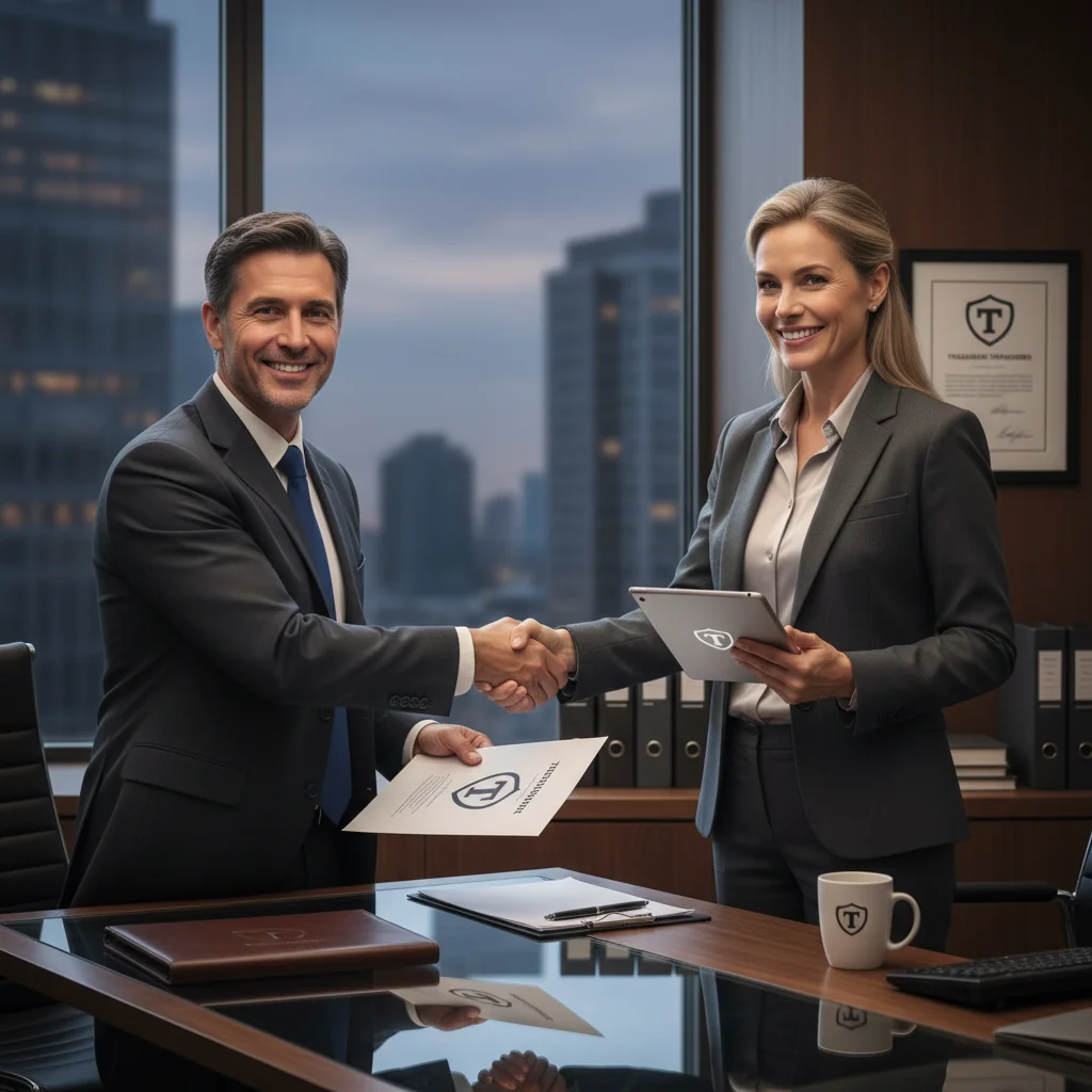 A professional business scene depicting a successful trademark transfer, with a confident adult entrepreneur shaking hands with a business partner in a modern office, symbolizing the agreement and assignment of intellectual property rights, no legal documents visible.