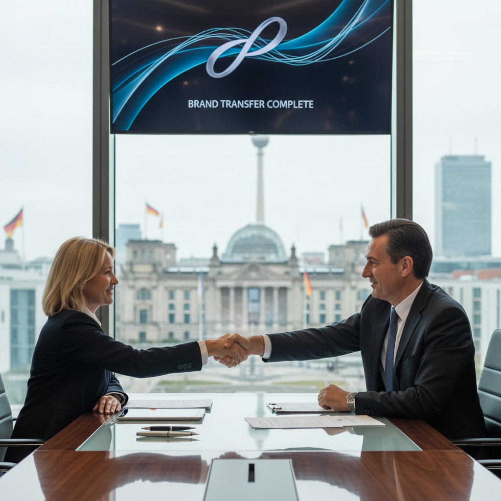 A professional scene representing brand transfer in Germany, featuring a confident business executive in a modern office shaking hands with a partner over a conference table, with subtle German flag elements in the background and branding logos on a digital screen, symbolizing legal agreement and business succession without showing any documents.