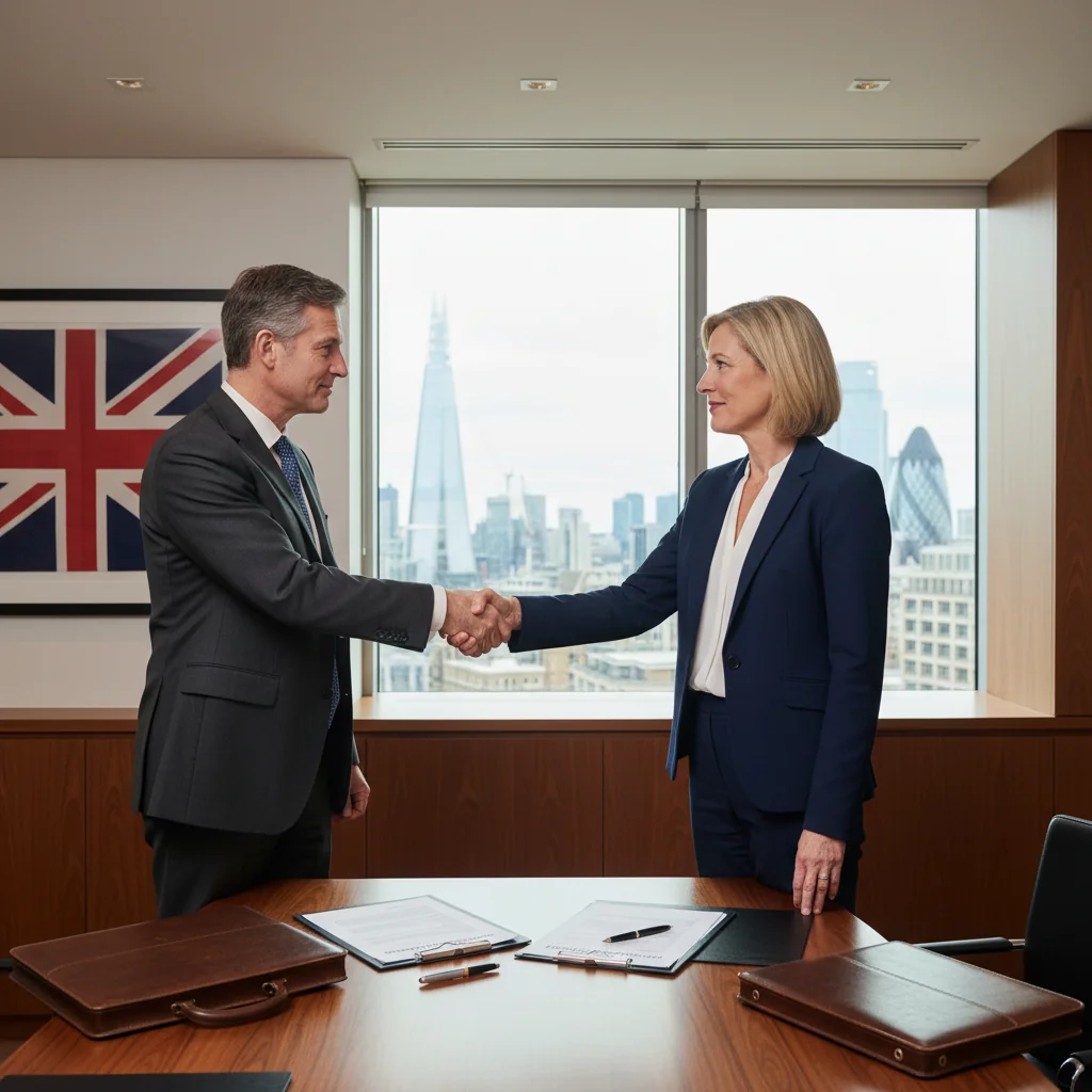 A photorealistic image of two professional adults in a modern UK office shaking hands over a conference table, symbolizing the assignment or transfer of a trademark in a business deal. The scene conveys trust, agreement, and intellectual property exchange, with subtle British elements like a Union Jack flag in the background. No children are present.