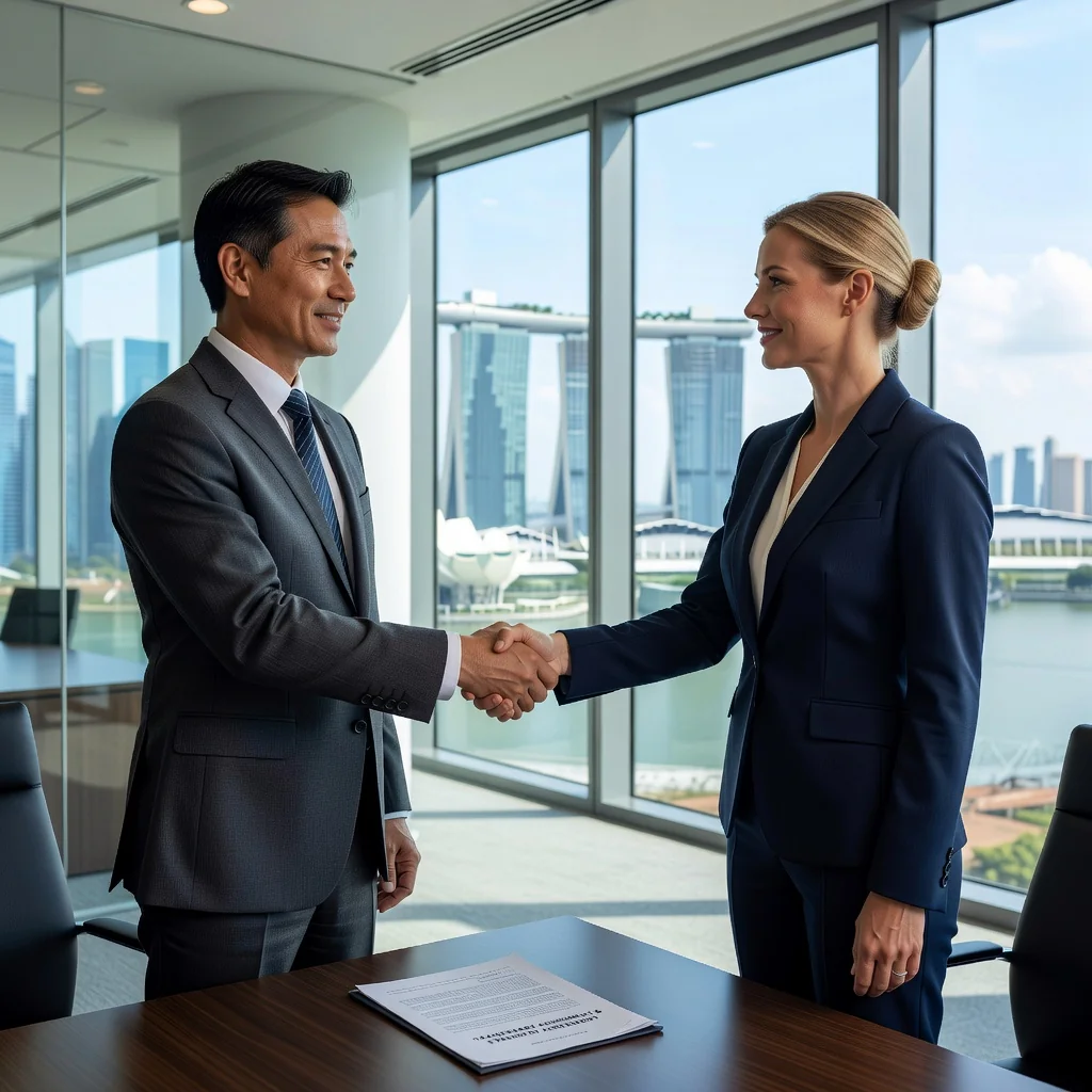 A photorealistic image representing the assignment of a trademark in Singapore, showing a professional business meeting in a modern Singapore office with the skyline visible through large windows, where adults are shaking hands over a symbolic deal, conveying transfer of intellectual property rights, no children present.