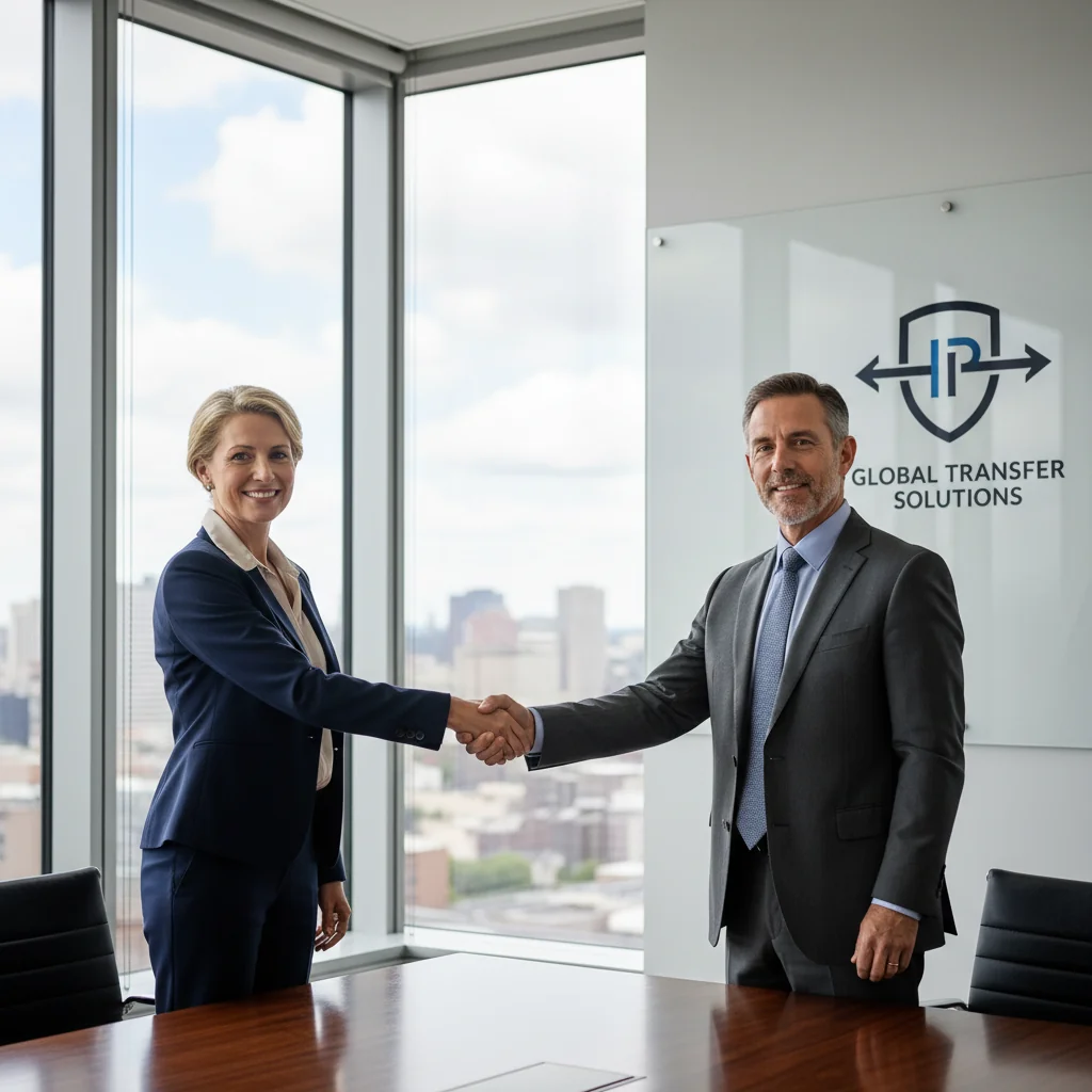 A photorealistic image of two professional business adults in a modern office setting, shaking hands firmly over a conference table to symbolize the successful transfer of intellectual property rights through trademark assignment, with subtle background elements like a branded logo on a whiteboard, conveying trust, partnership, and legal agreement without showing any documents or children.