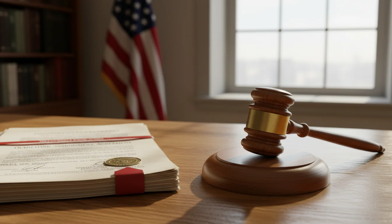 Gavel and trademark documents on desk