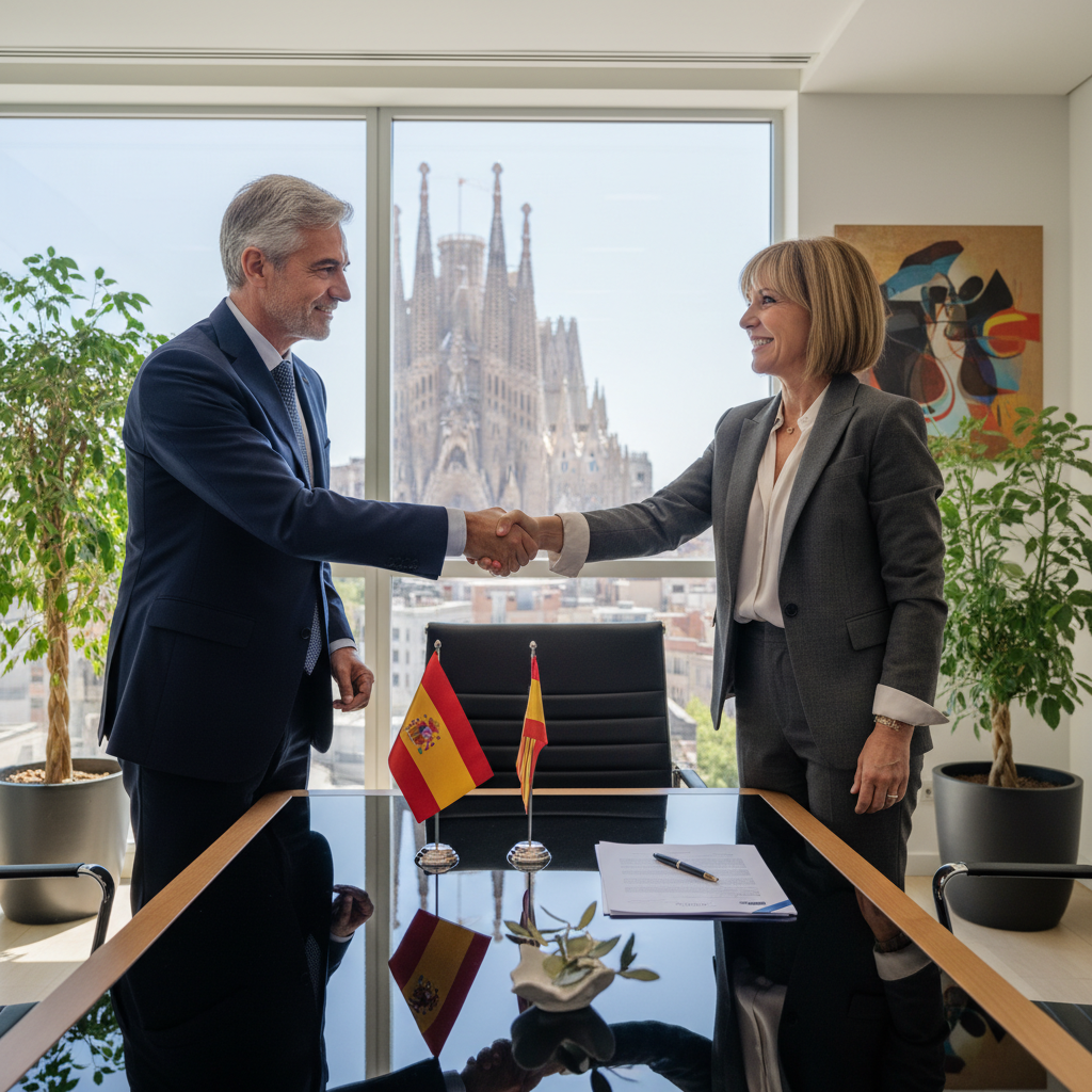 A professional business meeting in a modern Spanish office, where two adults are shaking hands over a conference table, symbolizing the transfer or assignment of a trademark, with subtle Spanish elements like a flag or architecture in the background, photorealistic style.