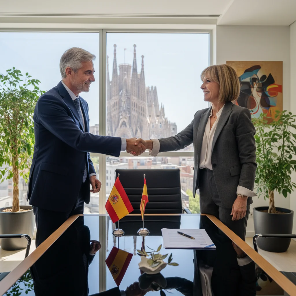 A professional business meeting in a modern Spanish office, where two adults are shaking hands over a conference table, symbolizing the transfer or assignment of a trademark, with subtle Spanish elements like a flag or architecture in the background, photorealistic style.