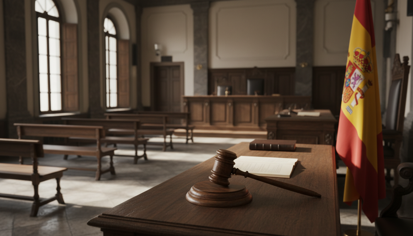 Gavel and Spanish flag in courtroom setting
