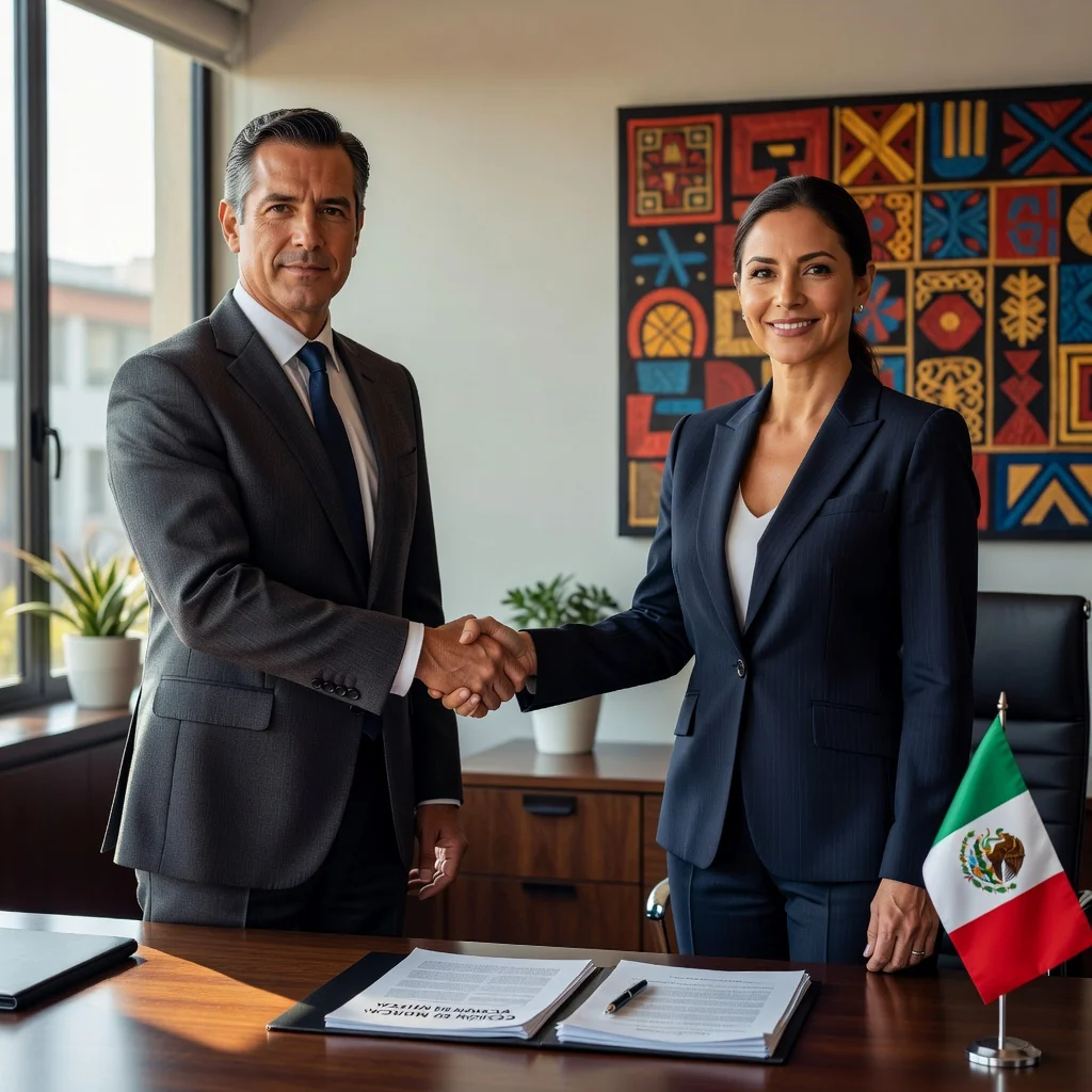 A photorealistic image depicting a professional business handshake between two adults in a modern Mexican office setting, symbolizing the transfer of a trademark or brand ownership, with subtle Mexican cultural elements like a flag or traditional decor in the background, no children present.