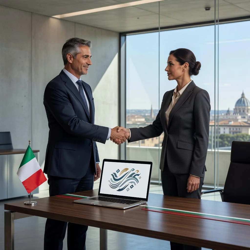 A professional Italian business scene representing the transfer of a trademark, featuring adults in a modern office discussing branding assets with Italian landmarks in the background, no children present.