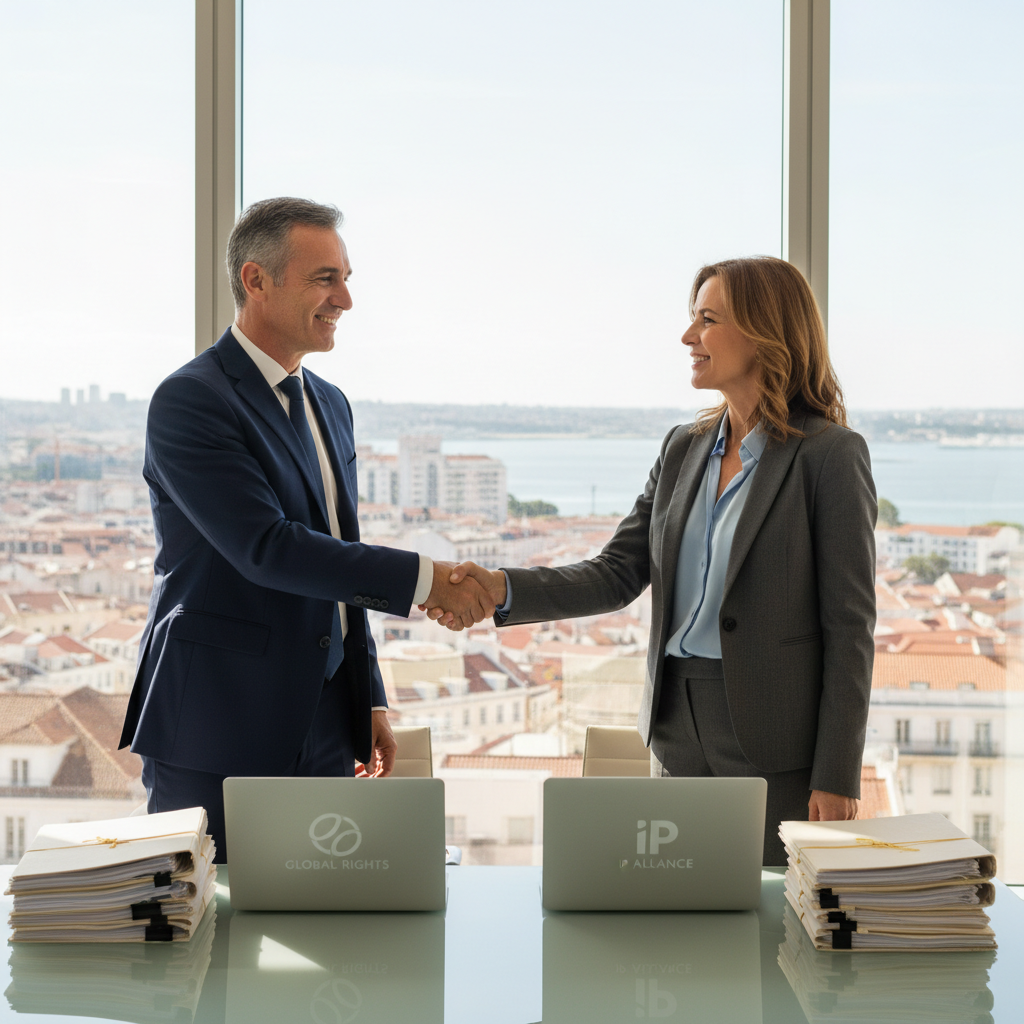 A photorealistic image of two professional adults in a modern Portuguese office, shaking hands over a conference table with subtle branding elements like logos on laptops and documents in the background, symbolizing a trademark transfer agreement, no children present.