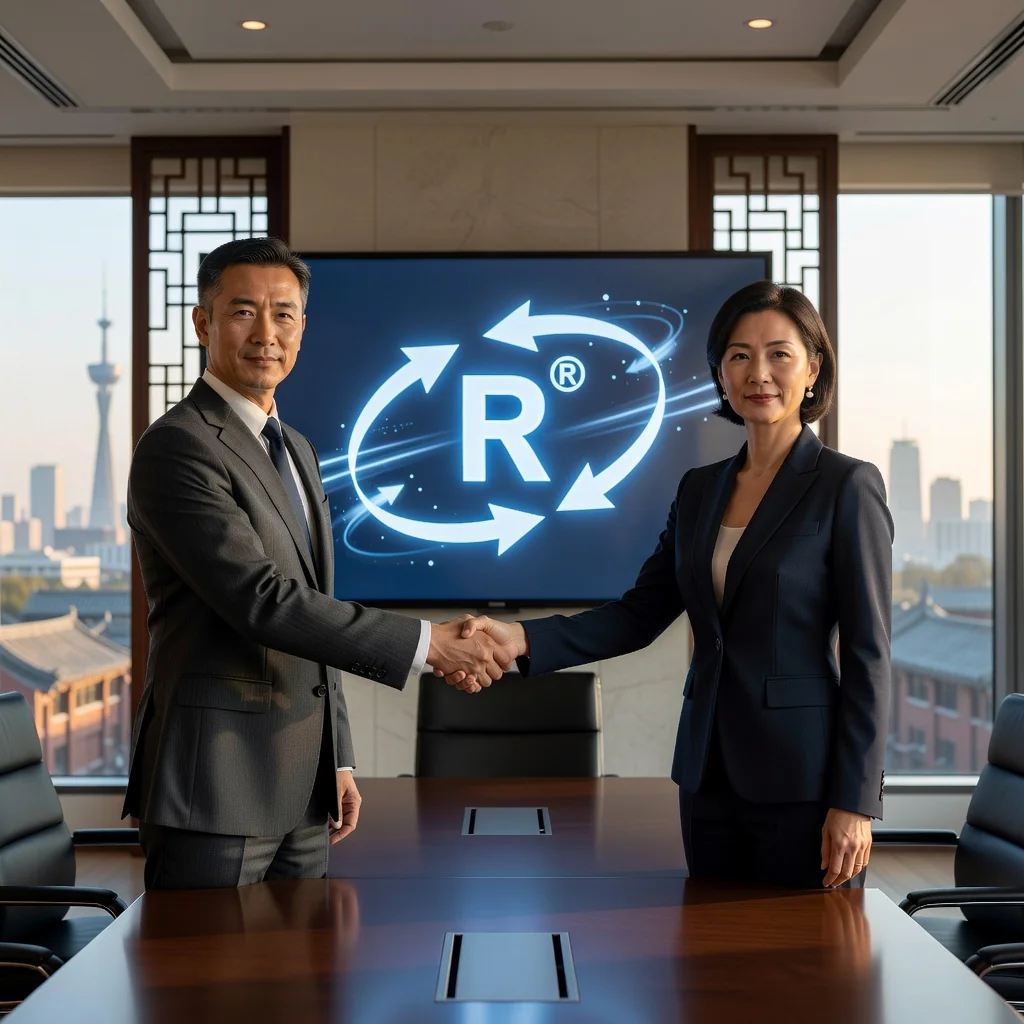 A photorealistic image representing the concept of trademark transfer in China, showing two professional business adults in a modern office shaking hands over a symbolic trademark logo on a digital screen, with subtle Chinese elements like a city skyline in the background, conveying partnership and legal agreement without focusing on documents.