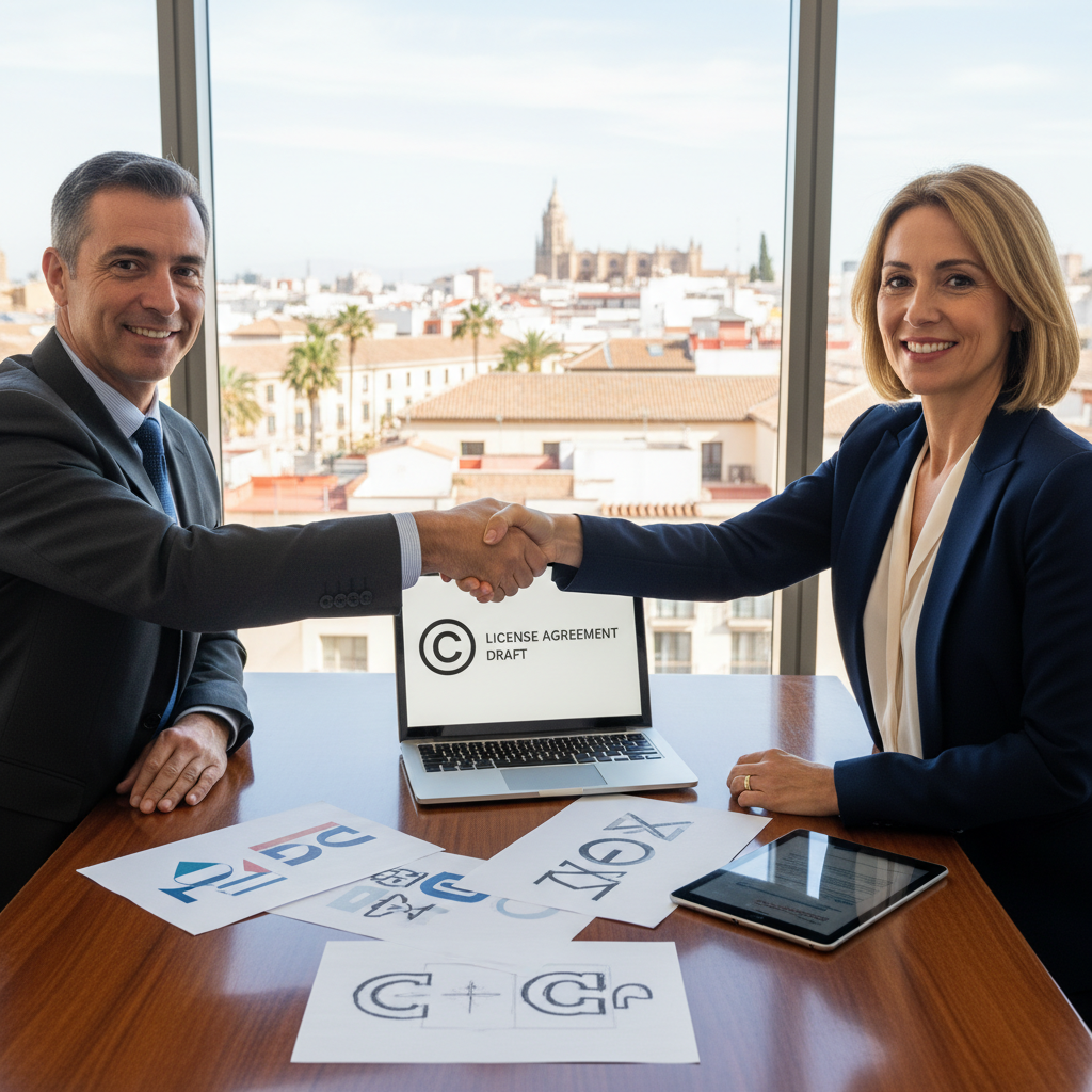 A photorealistic image of two adult professionals in a modern Spanish office, shaking hands over a table with subtle copyright symbols and creative project elements like a digital tablet and sketches in the background, symbolizing a copyright licensing agreement.