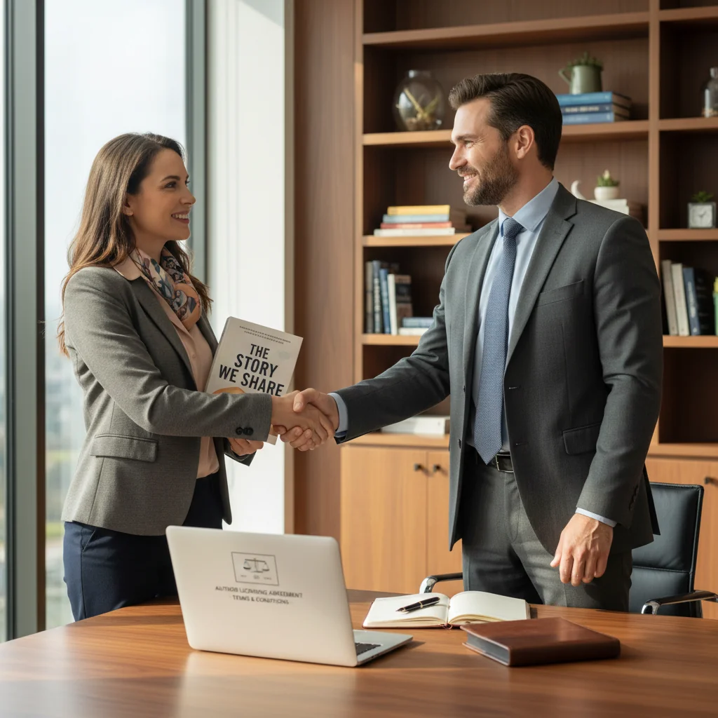 A photorealistic image of a professional adult author in a modern office, shaking hands with a business partner across a desk, symbolizing a licensing agreement for creative work, with books and a laptop in the background, conveying trust and collaboration in intellectual property rights.