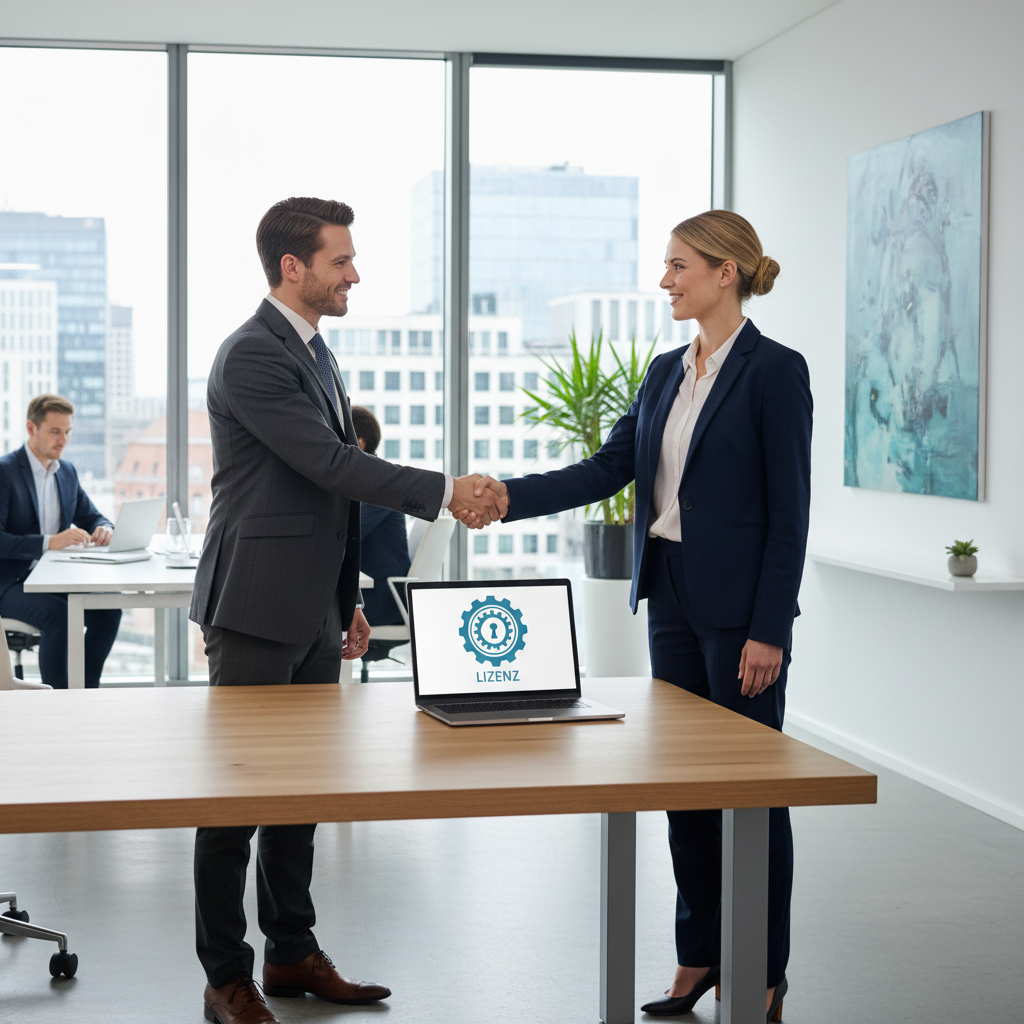 A professional business meeting in a modern German office, with adults shaking hands over a licensing agreement, symbolizing successful business partnerships and intellectual property deals in Germany.