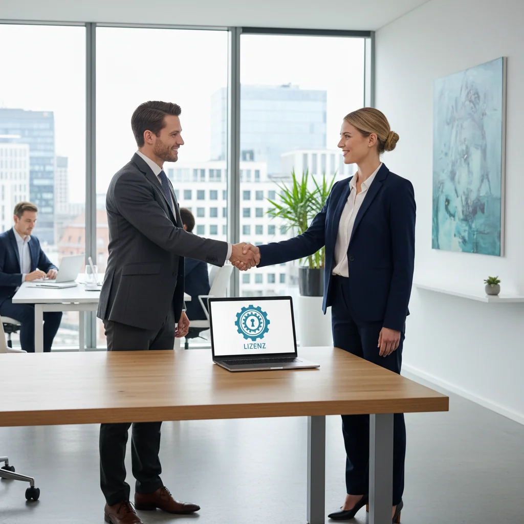 A professional business meeting in a modern German office, with adults shaking hands over a licensing agreement, symbolizing successful business partnerships and intellectual property deals in Germany.