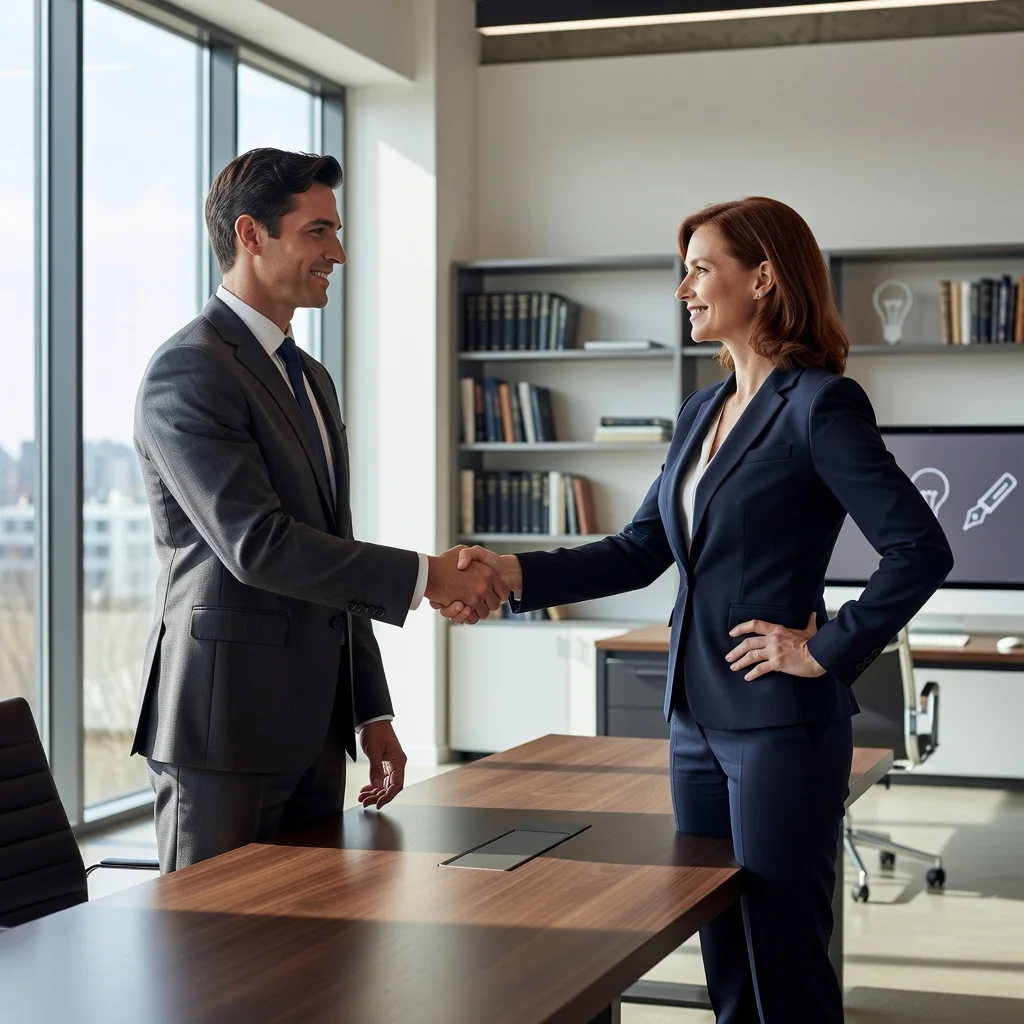 A photorealistic image of two professional adults, a man and a woman in business attire, shaking hands across a modern conference table in a bright office setting, symbolizing a copyright licensing agreement. The background includes subtle elements like bookshelves with books and a laptop displaying abstract creative icons, representing intellectual property exchange. No children are present in the image.