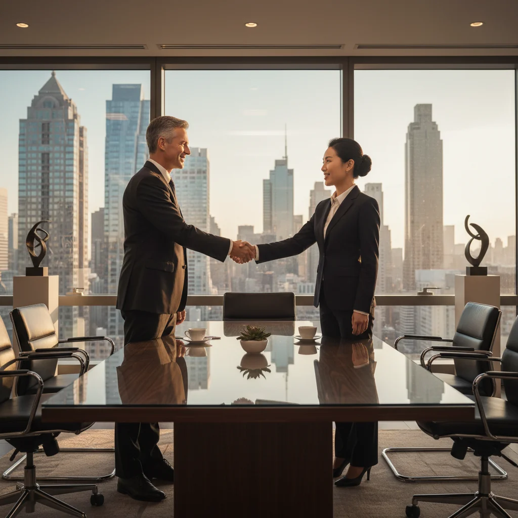 A professional business meeting between two adults shaking hands across a table in a modern office, symbolizing the agreement and partnership in a licensing contract, photorealistic style, no children or documents visible.