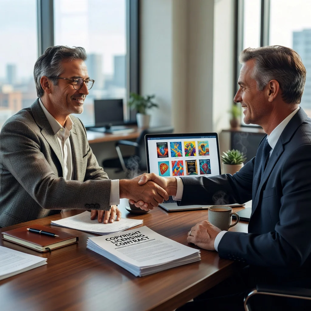 A photorealistic image symbolizing rights and obligations in copyright licensing contracts, showing an adult professional creative artist or author in a modern office setting, confidently signing a licensing agreement with a digital tablet displaying creative work like a book or artwork, emphasizing collaboration and legal protection without focusing on the document itself.