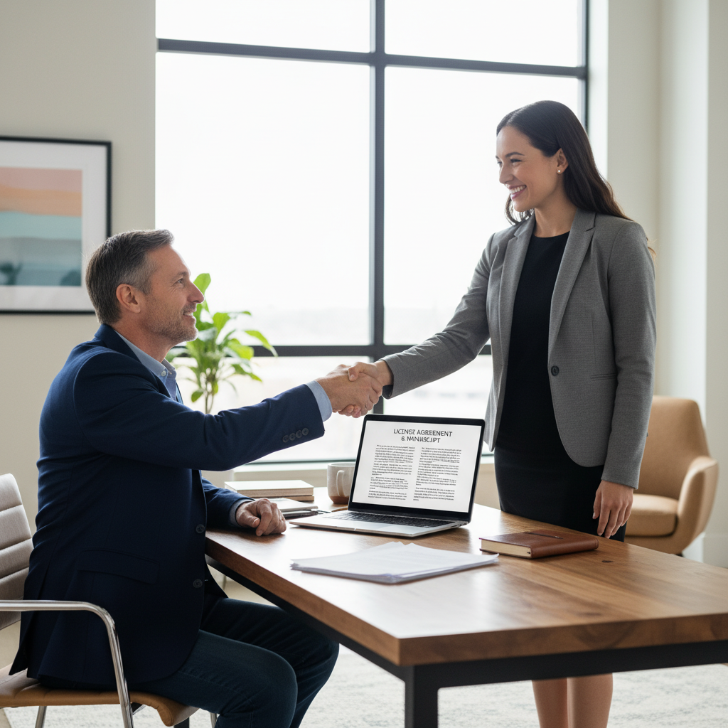 A photorealistic image of a professional author or creator in a modern office setting, confidently shaking hands with a business partner across a desk, symbolizing the agreement and licensing of intellectual property rights. The scene conveys trust, collaboration, and the successful transfer of creative work, with subtle elements like a laptop displaying a manuscript in the background. No children are present in the image.
